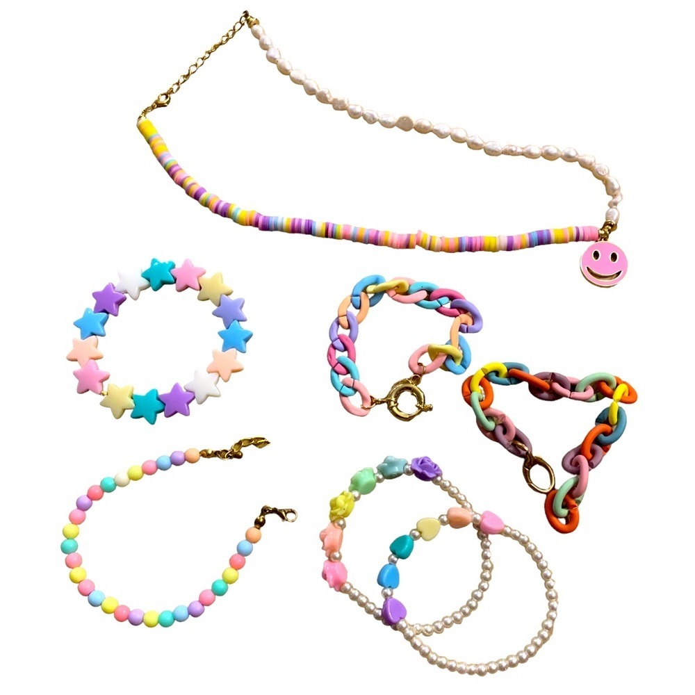 Pastel Jewelry Set Necklace and 6-Piece Bracelet Set Gorgeous Happy Face
